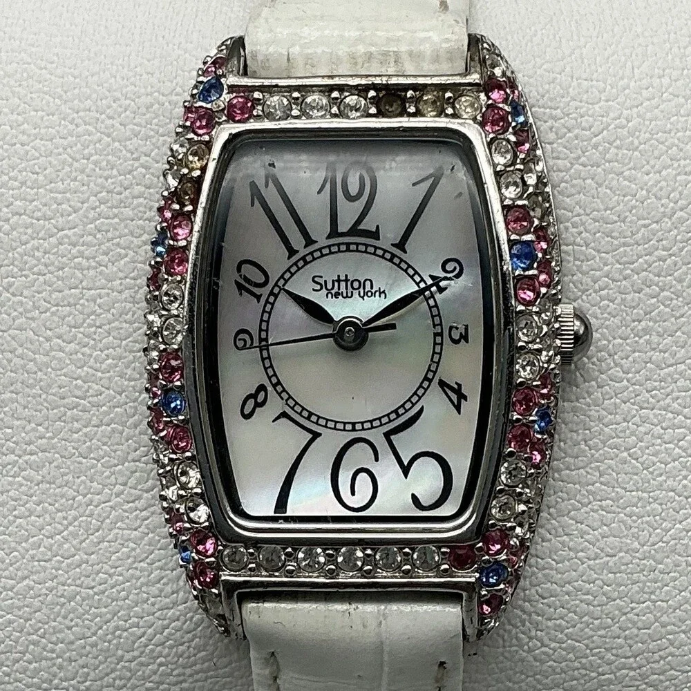 Sutton New York Womens Watch 23mm MOP Dial Crystals Leather Strap New Battery